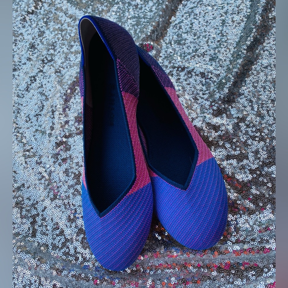 Rothy’s pink, blue and purple sparkly flats